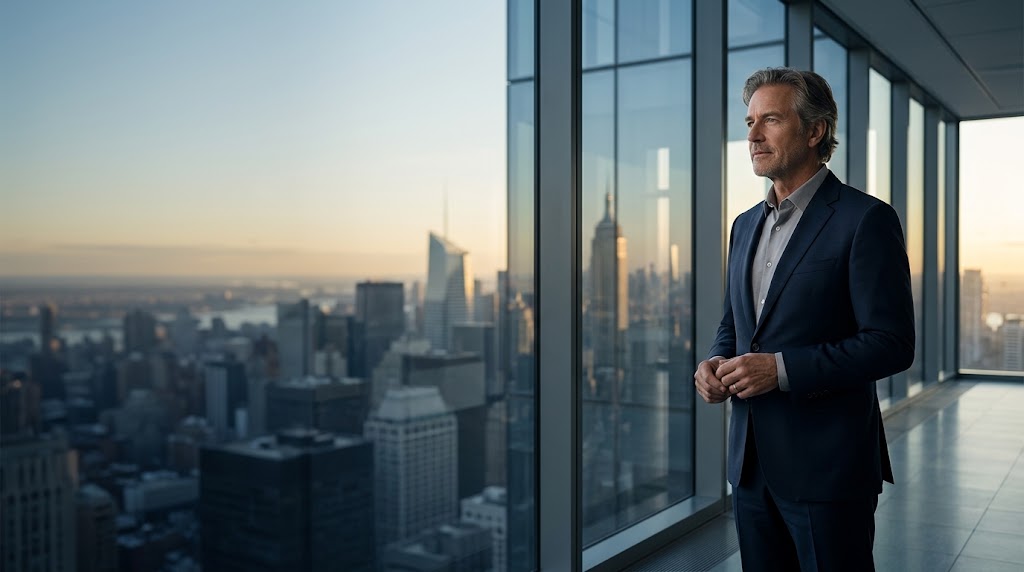 Executive leader overlooking a city skyline at dusk, reflecting on resilience and future direction